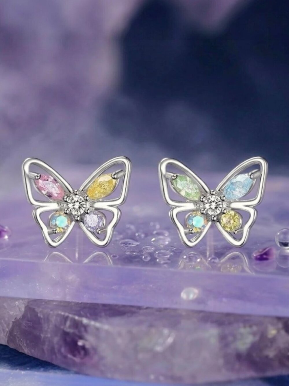 925 Sterling Silver Multicolor CZ Butterfly Stud Earrings Pastel 0.27"